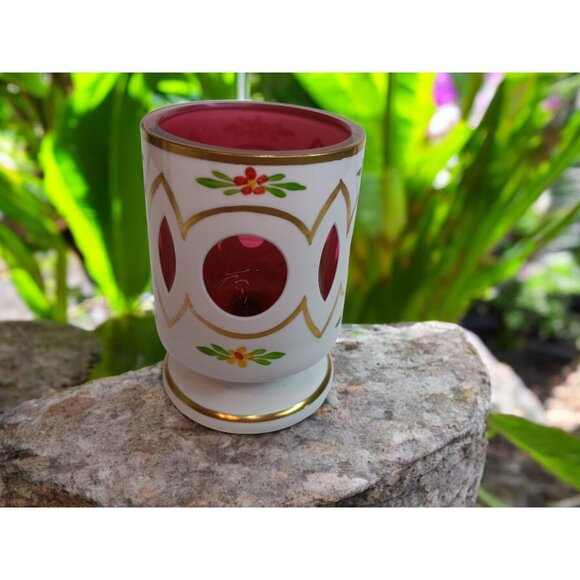 Vtg. Czech Bohemian White Cased Cut to Red/Pink Floral  Toothpick Votive Holder - Picture 1 of 5